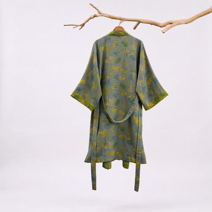 Green Gray Ginkgo Leaf Cotton Kimono Robe - image 8