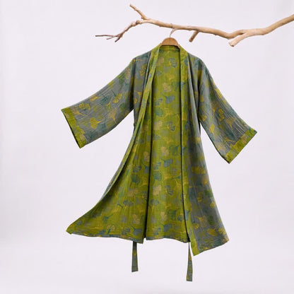 Green Gray Ginkgo Leaf Cotton Kimono Robe - Grey - 2XL - image 7