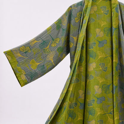 Green Gray Ginkgo Leaf Cotton Kimono Robe - image 10