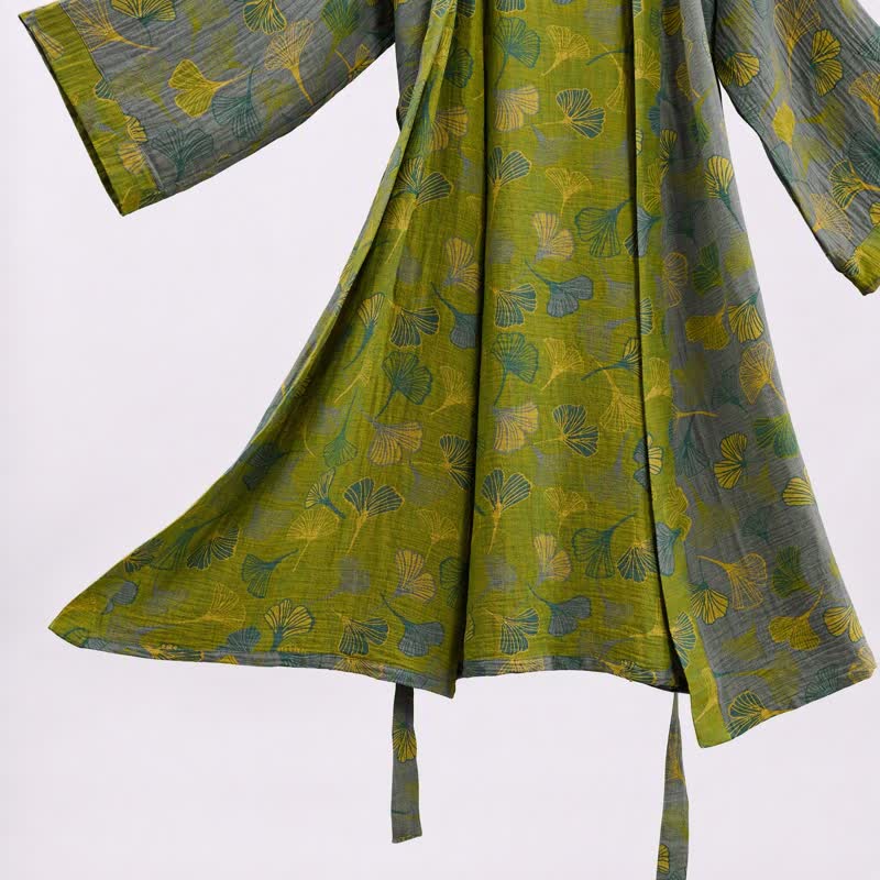 Green Gray Ginkgo Leaf Cotton Kimono Robe - image 11