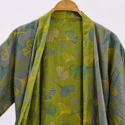 Green Gray Ginkgo Leaf Cotton Kimono Robe - image 9