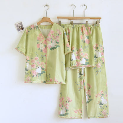 Mint Floral Cat Cotton 3pcs Loungewear Set - Green - XL - image 0