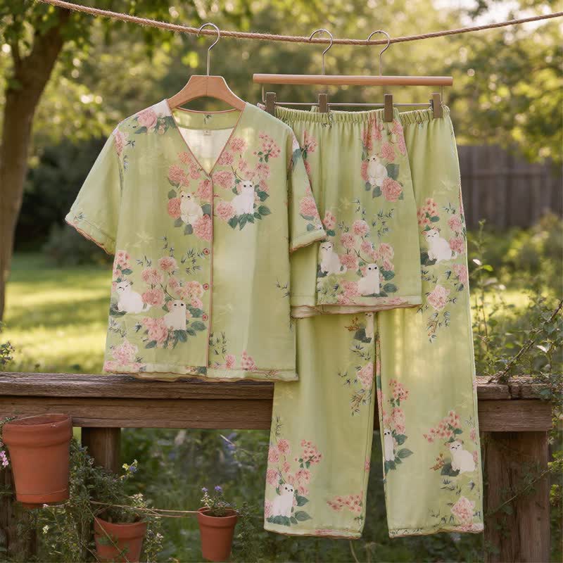 Mint Floral Cat Cotton 3pcs Loungewear Set - image 1
