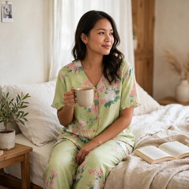 Mint Floral Cat Cotton 3pcs Loungewear Set - image 4