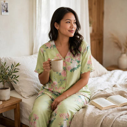 Mint Floral Cat Cotton 3pcs Loungewear Set - image 4