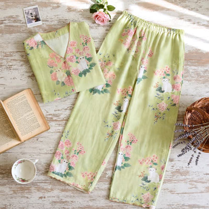 Mint Floral Cat Cotton 3pcs Loungewear Set - image 3