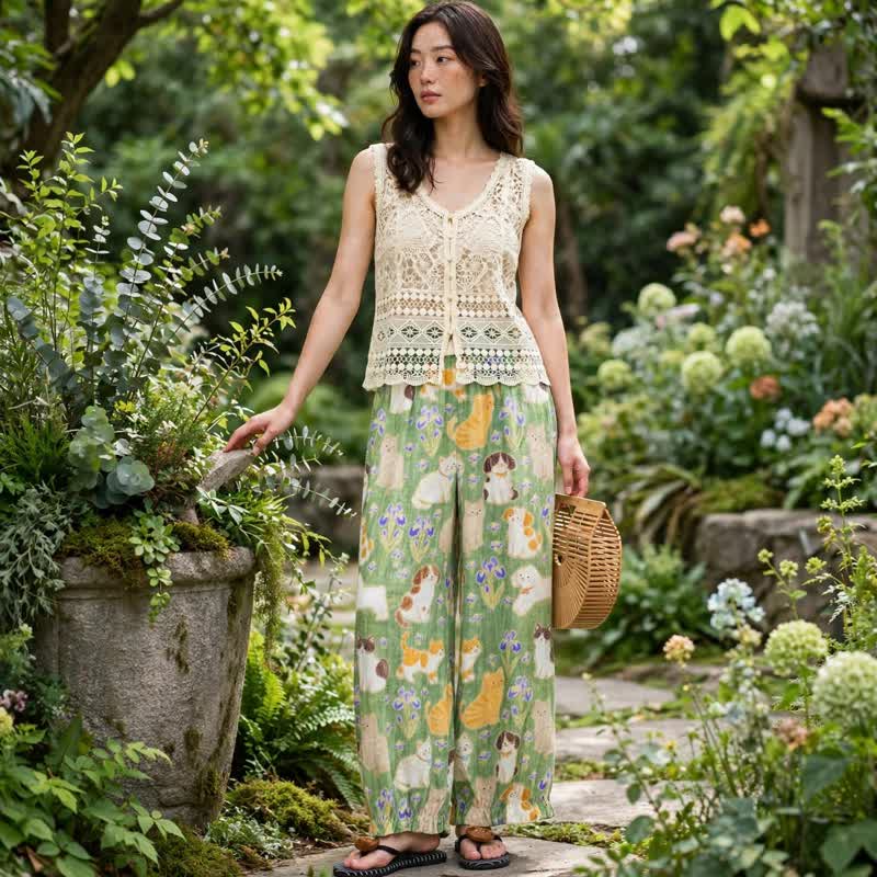 Green Cat Print Harem Loungewear Pants - image 3