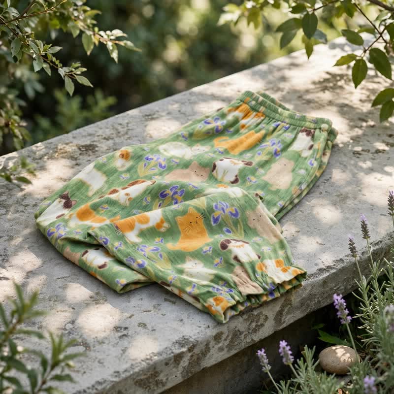 Green Cat Print Harem Loungewear Pants - image 1