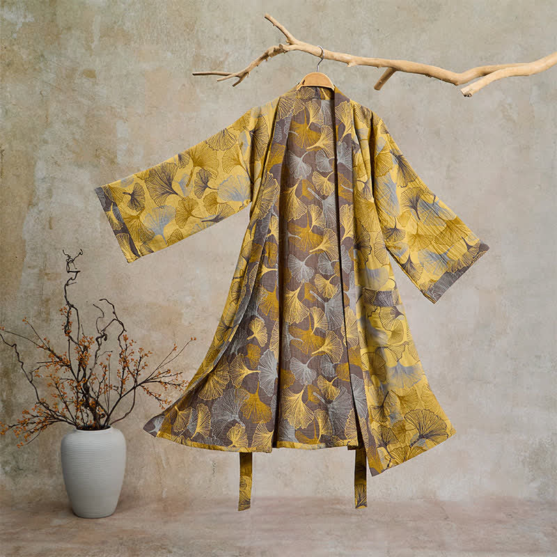 Vintage Ginkgo Leaf Cotton Double Gauze Robe - Yellow - 2XL - image 0