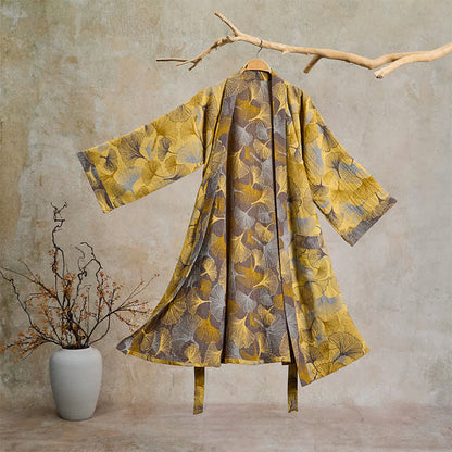 Vintage Ginkgo Leaf Cotton Double Gauze Robe - Yellow - 2XL - image 0