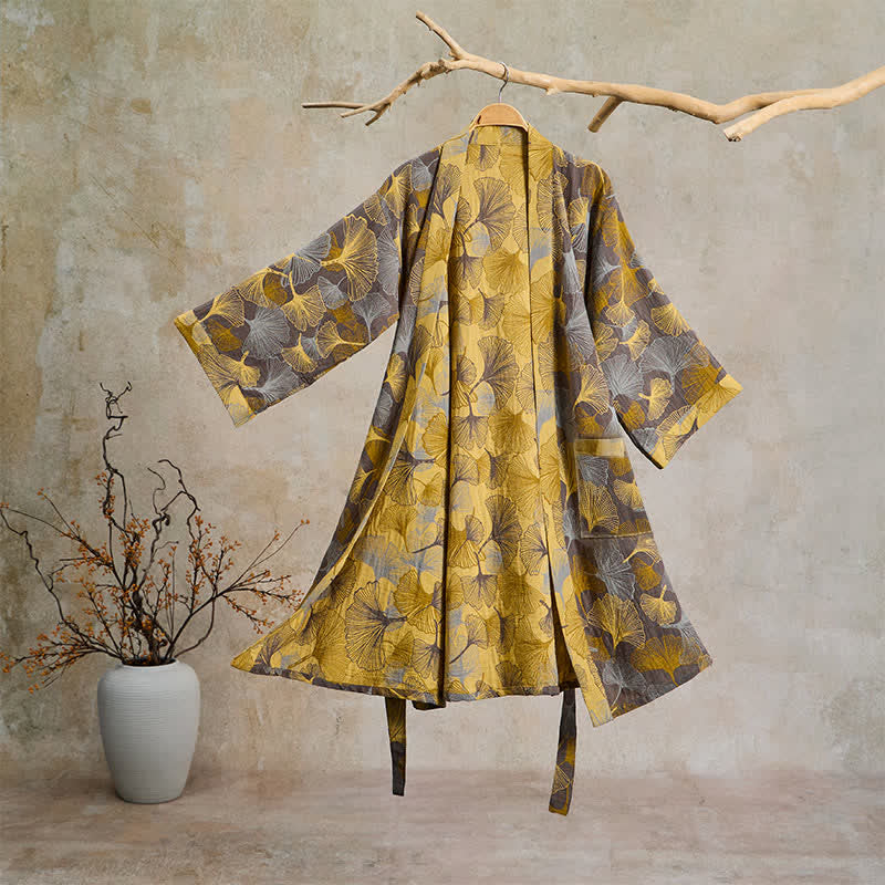 Vintage Ginkgo Leaf Cotton Double Gauze Robe - Light Brown - 2XL - image 6