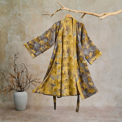 Vintage Ginkgo Leaf Cotton Double Gauze Robe - Light Brown - 2XL - image 6