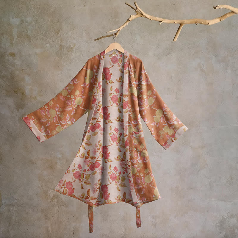 Botanical Pomegranate Print Cotton Kimono Robe - Green & Red - 2XL - image 0