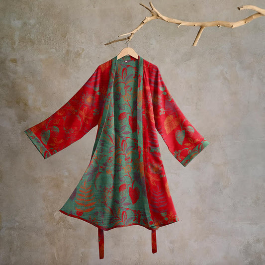 Retro Leaf Jacquard Cotton Kimono Robe - Red & Green - 2XL - image 0