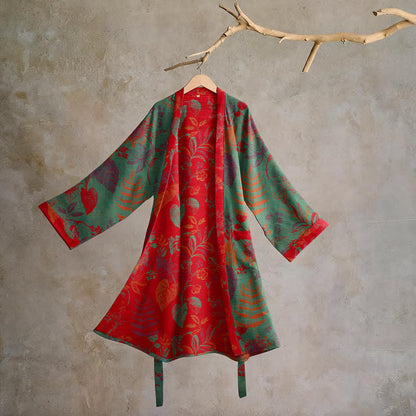 Retro Leaf Jacquard Cotton Kimono Robe - Green & Red - 2XL - image 6