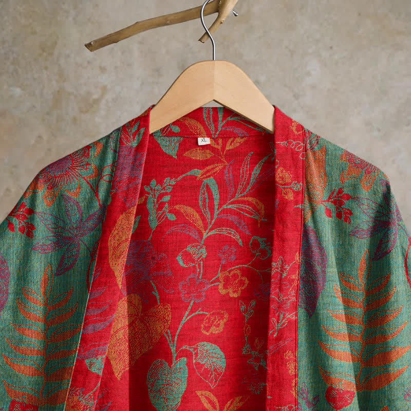Retro Leaf Jacquard Cotton Kimono Robe - image 8