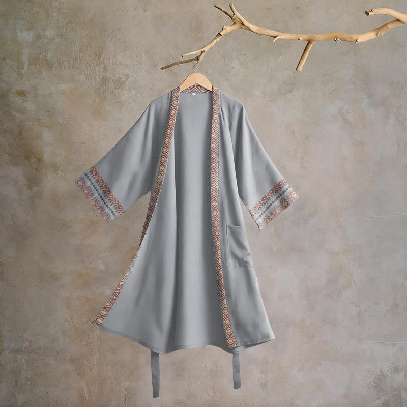 Retro Geometric Border Cotton Lounge Robe - Gray - XL - image 6