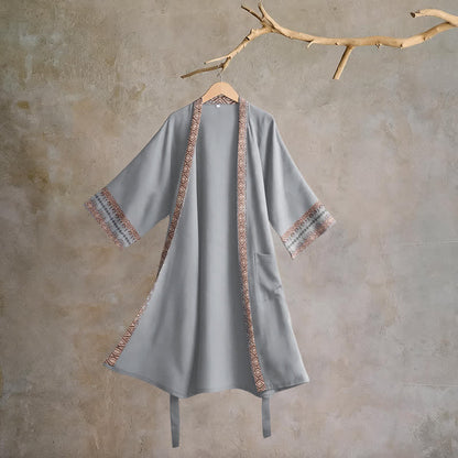 Retro Geometric Border Cotton Lounge Robe - Gray - XL - image 6