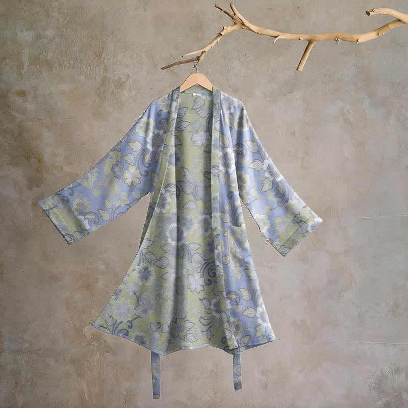 Retro Floral Cotton Kimono Robe - Blue - L - image 0