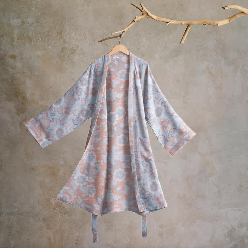 Retro Floral Cotton Kimono Robe - Purple - L - image 6