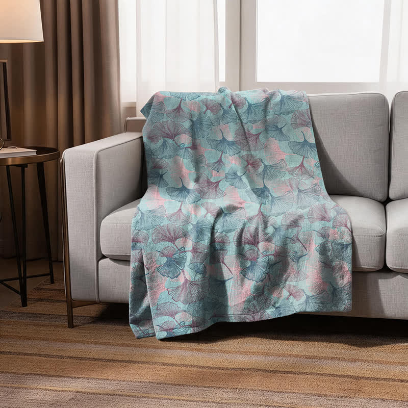 Retro Botanical Ginkgo Leaf Cotton Blanket - image 1