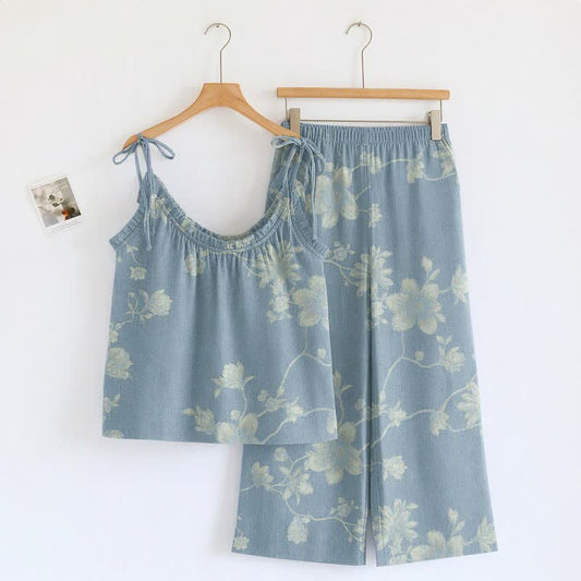 Vintage Floral Cotton Cami Loungewear Set - Blue - XL - image 0