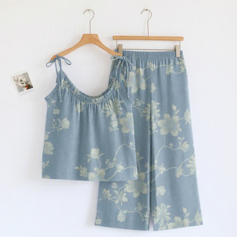 Vintage Floral Cotton Cami Loungewear Set - Blue - XL - image 0