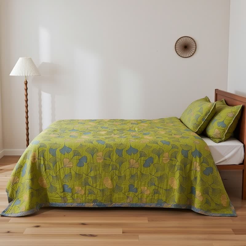 Vintage Green Ginkgo Leaf Cotton Bedspread Set - image 5