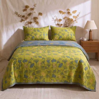 Vintage Green Ginkgo Leaf Cotton Bedspread Set - Green - Bedspread with 2PCS Pillowcases - King - image 0