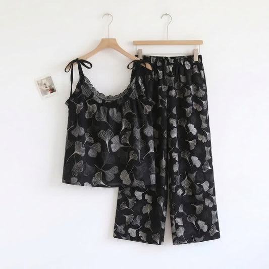 Vintage Ginkgo Leaf Cotton Cami Loungewear Set - Black - XL - image 0