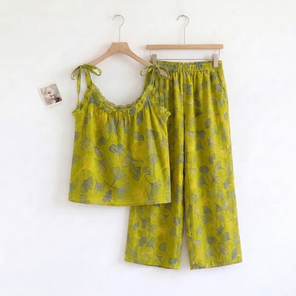 Retro Botanical Ginkgo Leaf Cotton Cami Loungewear Set - Green - XL - image 0