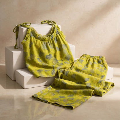 Retro Botanical Ginkgo Leaf Cotton Cami Loungewear Set - image 3