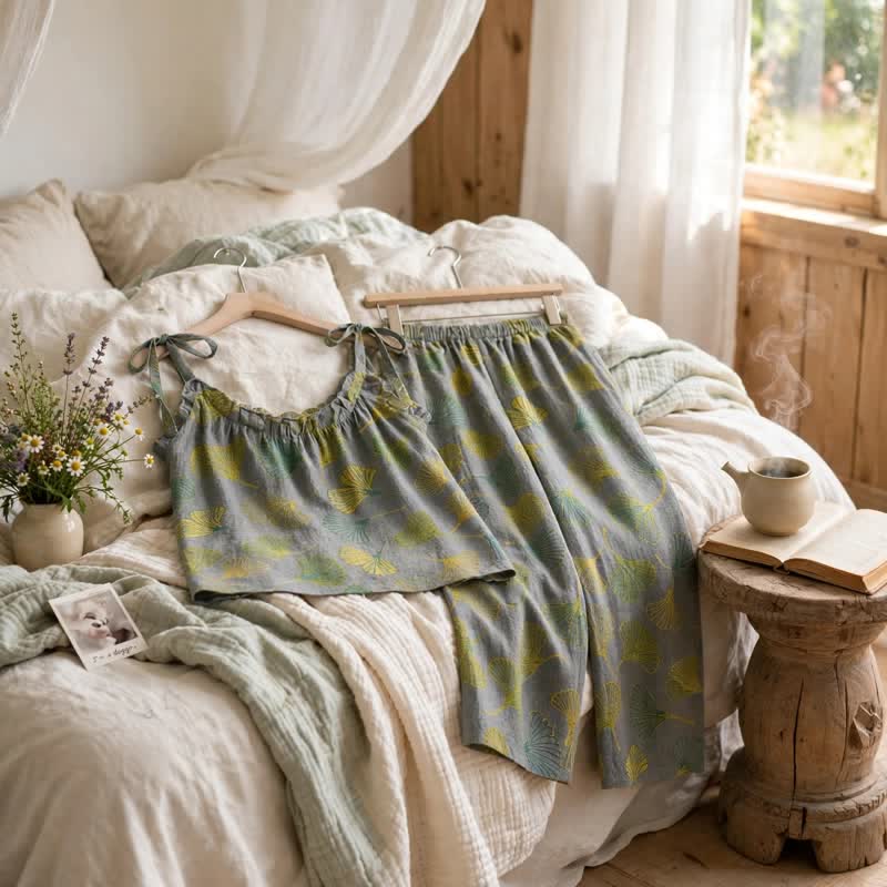 Retro Botanical Ginkgo Leaf Cotton Cami Loungewear Set - image 9