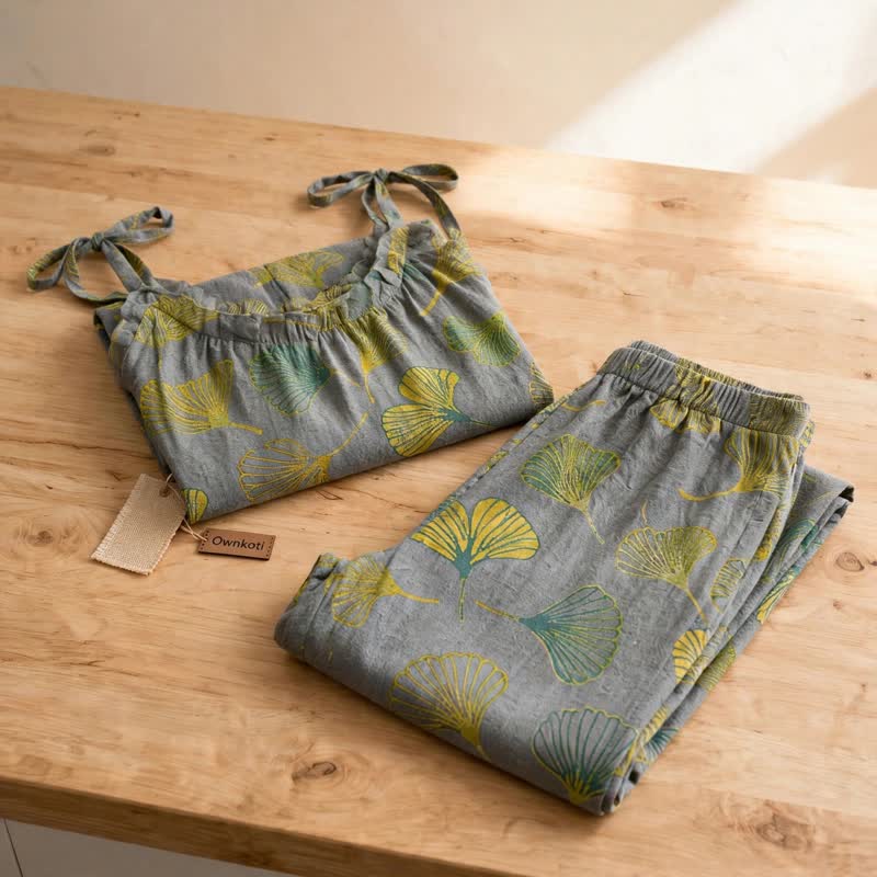 Retro Botanical Ginkgo Leaf Cotton Cami Loungewear Set - image 12