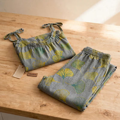 Retro Botanical Ginkgo Leaf Cotton Cami Loungewear Set - image 12