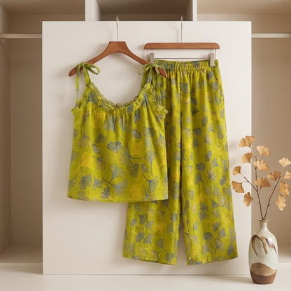 Retro Botanical Ginkgo Leaf Cotton Cami Loungewear Set - image 1