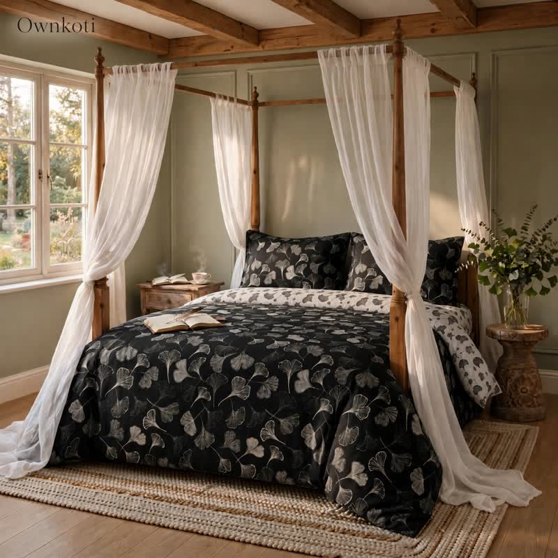 Vintage Black Ginkgo Leaf Reversible Cotton Bedding Set - image 4