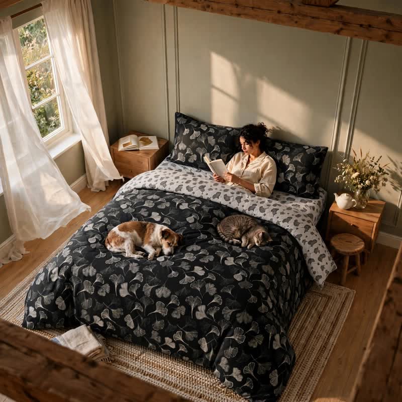 Vintage Black Ginkgo Leaf Reversible Cotton Bedding Set - image 5