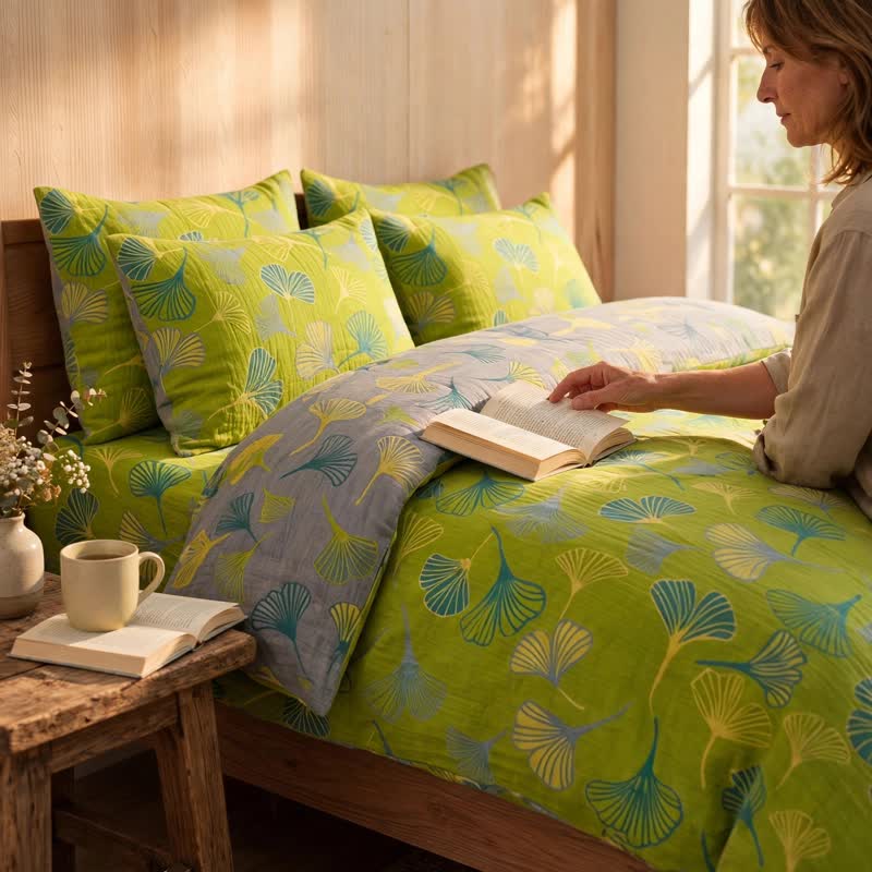 Vintage Green Ginkgo Leaf Cotton Reversible Bedding Set - image 4