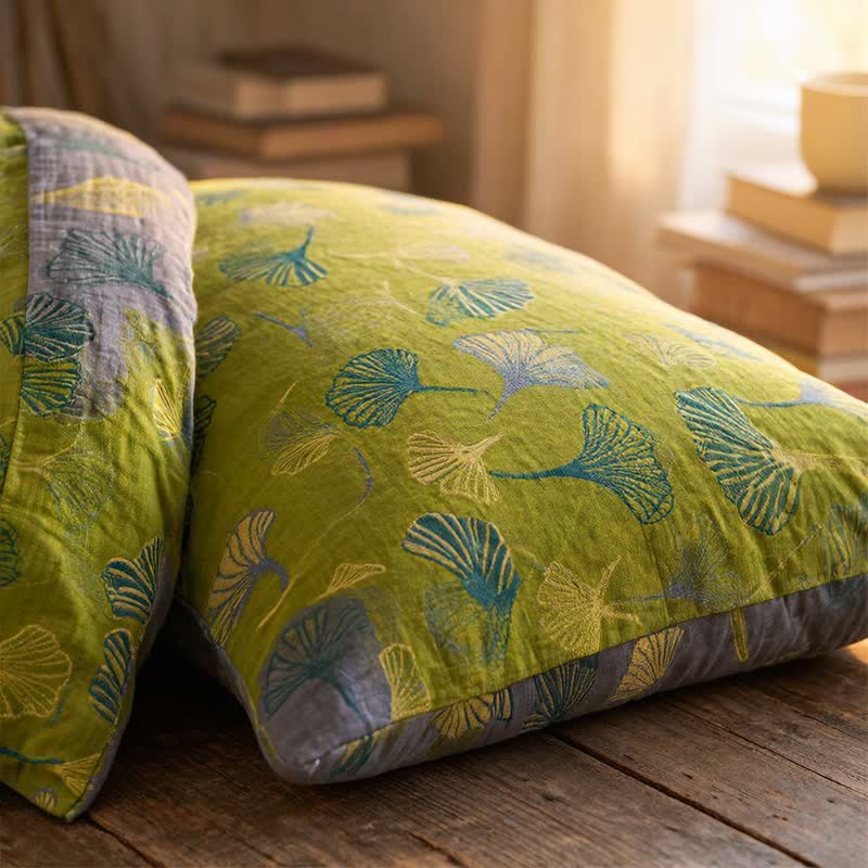 Vintage Green Ginkgo Leaf Cotton Reversible Bedding Set - Green - 2PCS Pillowcases - 20" x 37" - image 5