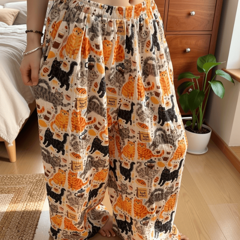 Cartoon Orange Cat Cotton Gauge Lounge Pants - image 3
