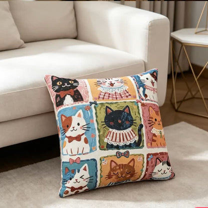 Whimsical Multi‑Kitten Grid Illustration Cotton Pillow - image 1