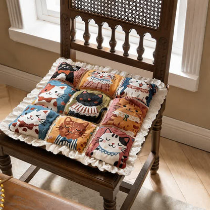 Lace‑Trim Grid‑Cat Cotton Chair Cushion - 16" x 16" - image 0