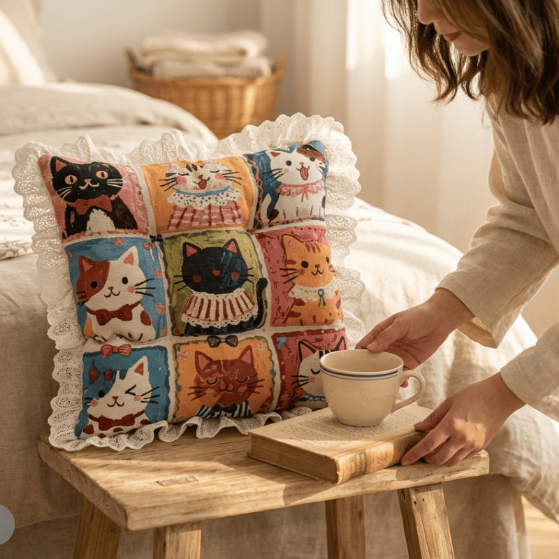 Lace‑Trim Grid‑Cat Cotton Chair Cushion - image 4