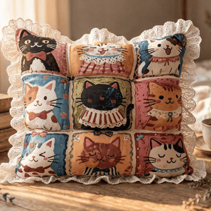 Lace‑Trim Grid‑Cat Cotton Chair Cushion - image 1