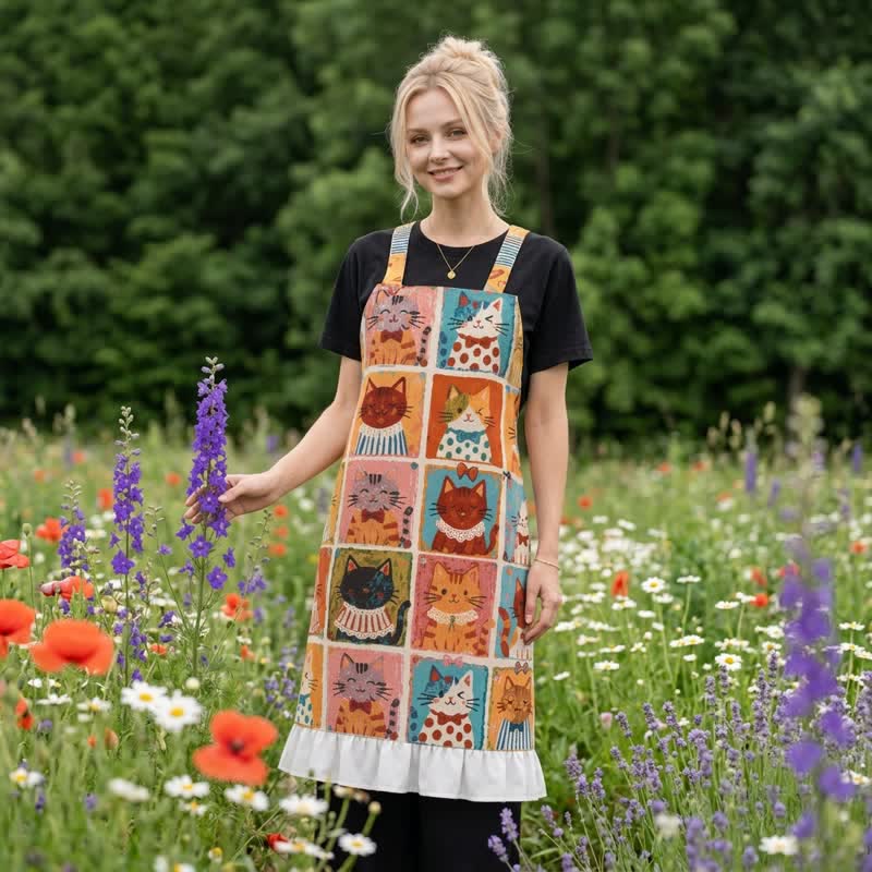 Grid‑Cat Print Cotton Ruffled Cooking Apron - image 5