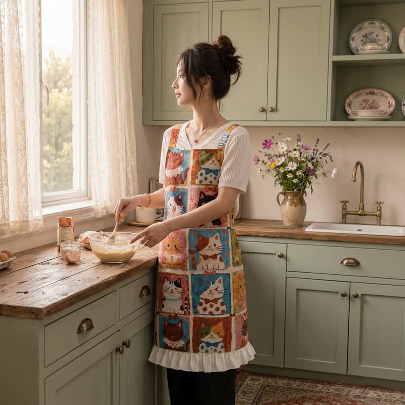 Grid‑Cat Print Cotton Ruffled Cooking Apron - image 6