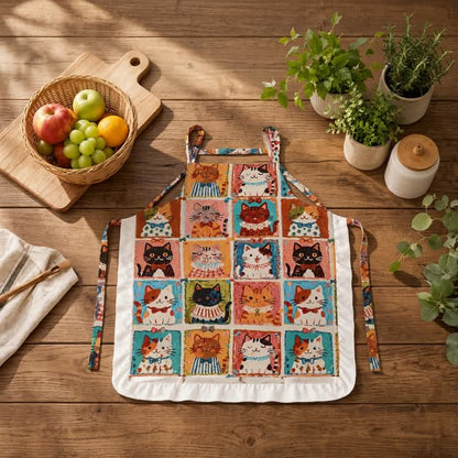 Grid‑Cat Print Cotton Ruffled Cooking Apron - Multicolor - image 0