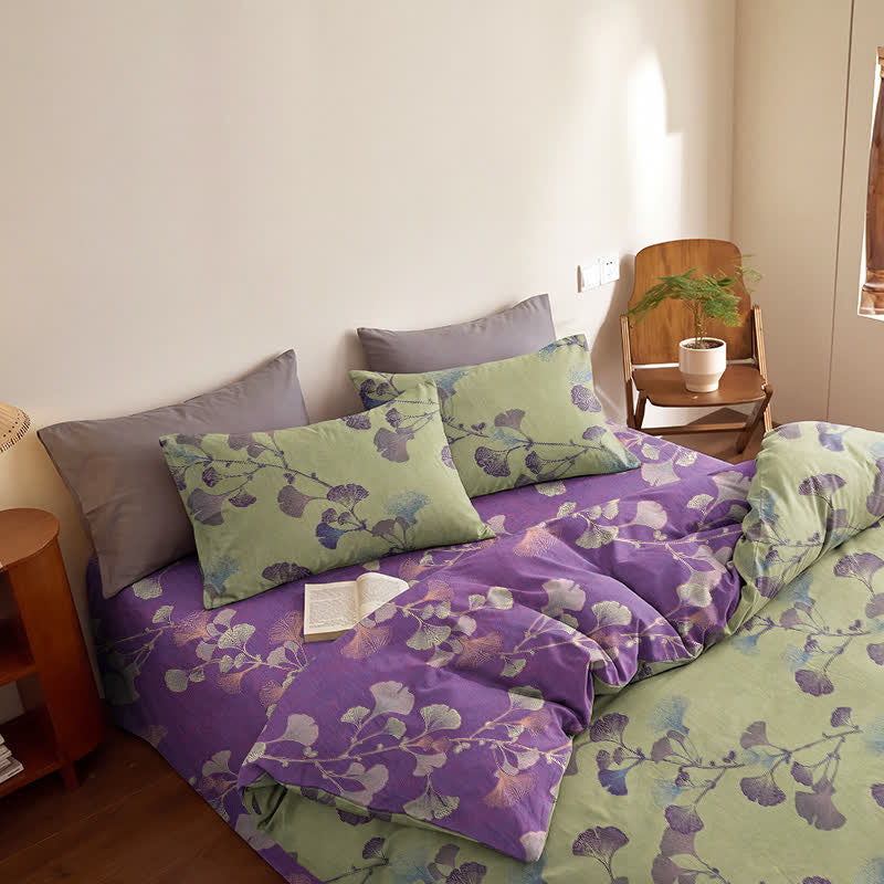 Retro Ginkgo Leaf Cotton Reversible Bedding Set - Green & Purple - Bedding Set（4PCS） - Queen - image 7