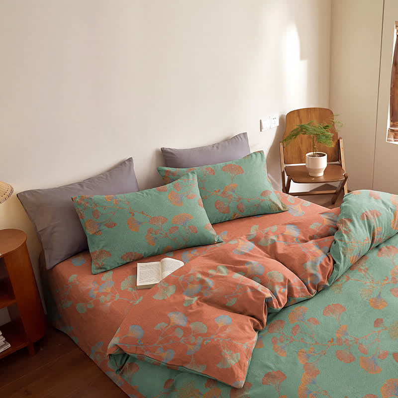 Retro Ginkgo Leaf Cotton Reversible Bedding Set - Green & Red - Bedding Set（4PCS） - Queen - image 13